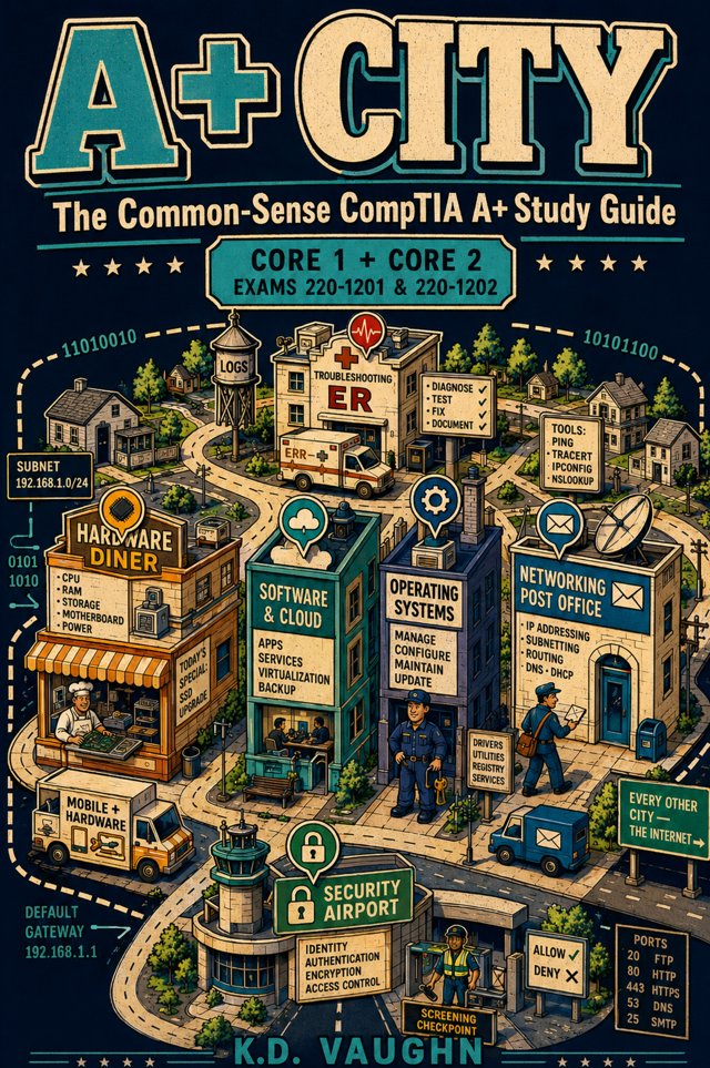 Front cover of A+ CITY: The Common-Sense CompTIA A+ Study Guide by K.D. Vaughn.